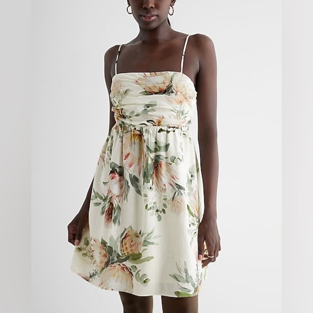 Express Linen-Blend Floral Ruched Mini Babydoll Dress size small